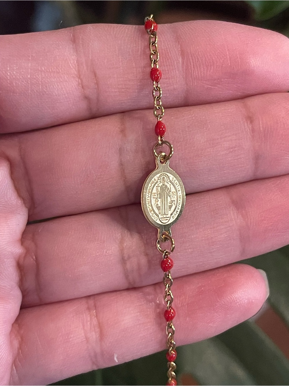 Gold-Tone Red Bead Saint Medal Bracelet